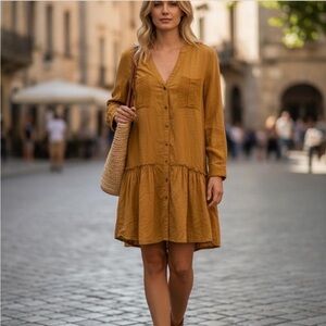 MAEVE ANTHROPOLOGIE MARLIE YELLOW V NECK LONG SLEEVE BUTTON DOWN MINI DRESS 10